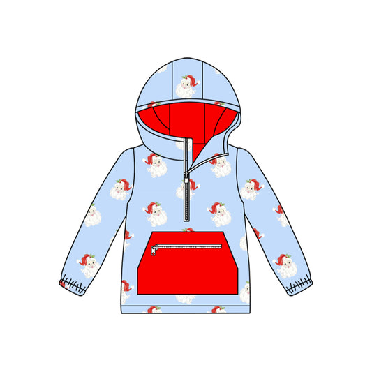 preorder BT1252 Santa Claus Red Pocket Blue Zipper Hooded Long Sleeve Top Boys Boutique Outfits 202505
