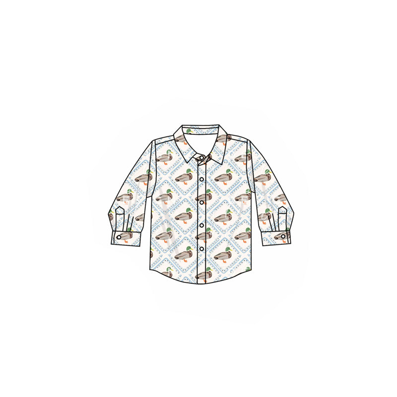 preorder BT1253 Duck Check Beige Button Polo Neck Long Sleeve Top Boys Boutique Outfits 202505