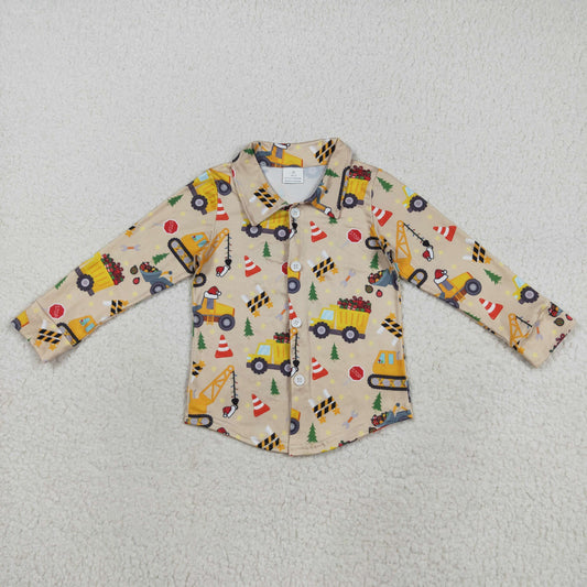 BT1254 Christmas Truck Brown Button Polo Neck Long Sleeve Boys Top 202508 RTS
