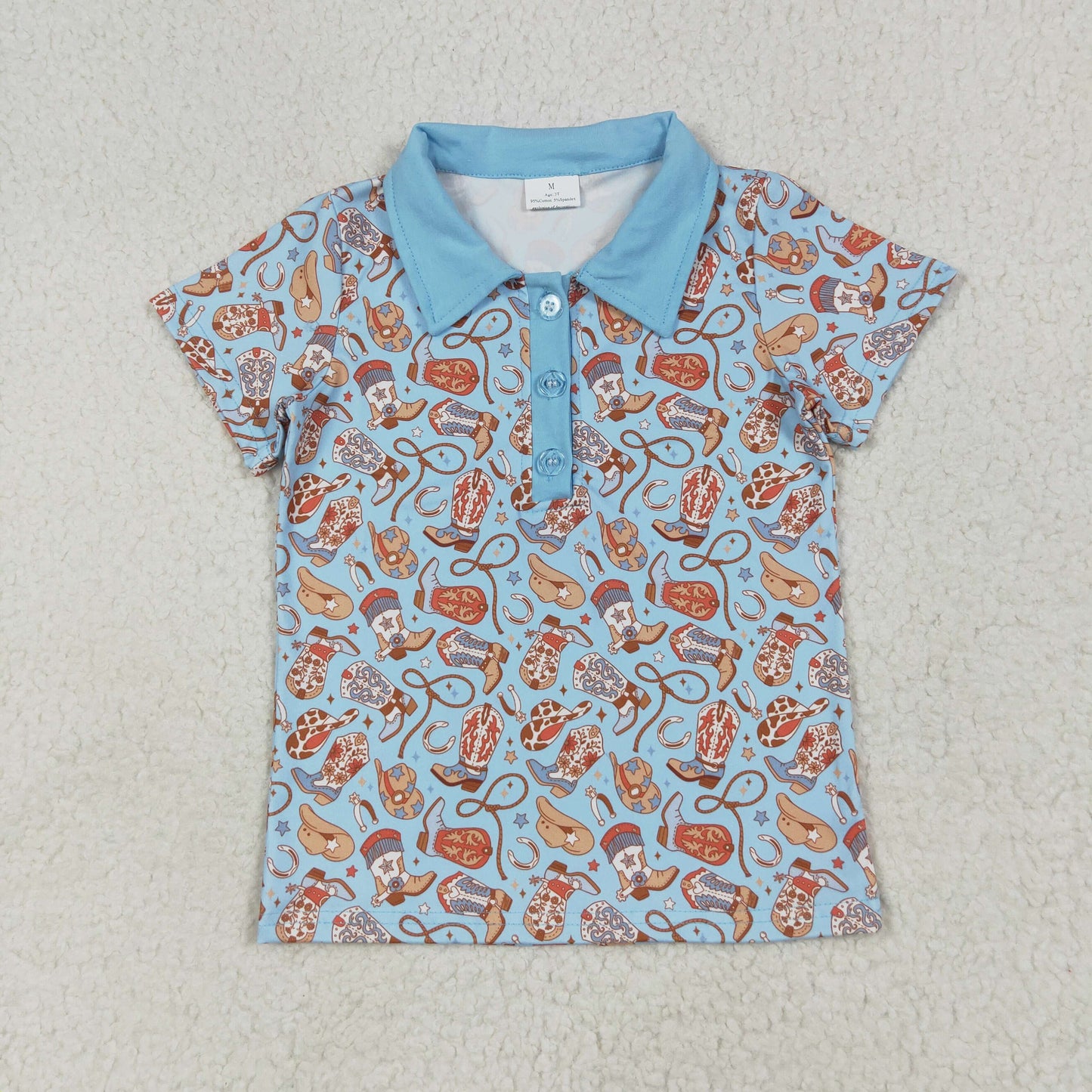 BT1256 Cowboy Rodeo Boots Clothing Light Blue Polo Short Sleeve Tops Boys Outfits 202506 RTS
