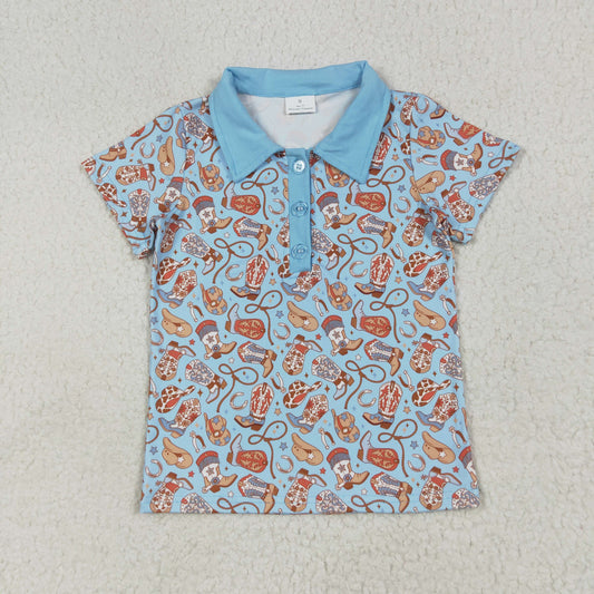 BT1256 Cowboy Rodeo Boots Clothing Light Blue Polo Short Sleeve Tops Boys Outfits 202506 RTS