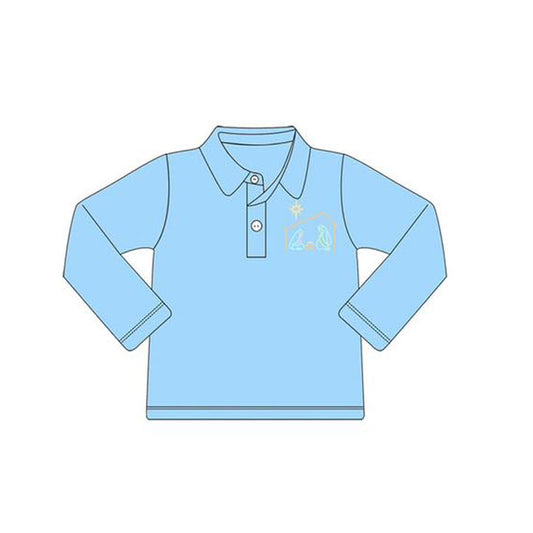 preorder BT1259 Christmas Jesus Blue Polo Long Sleeve Top Boys Boutique Outfits 202505