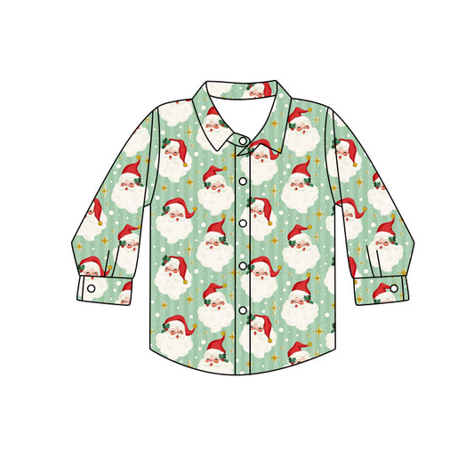 preorder BT1263 Boys Boutique Santa Claus Green Button Long Sleeve Top 202505
