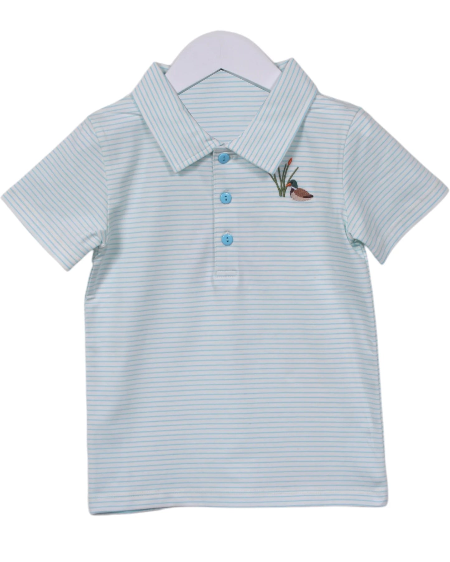 preorder BT1264 Boys Boutique Duck Hunting Blue Stripe Polo Short Sleeves Top 202506