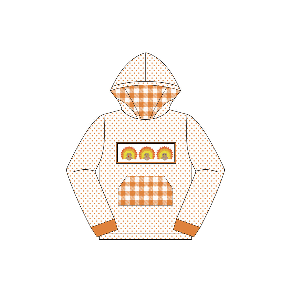 preorder BT1283 Boys Boutique Turkey Orange Plaid Pocket Polka Dot Hooded Long Sleeve Top 202507