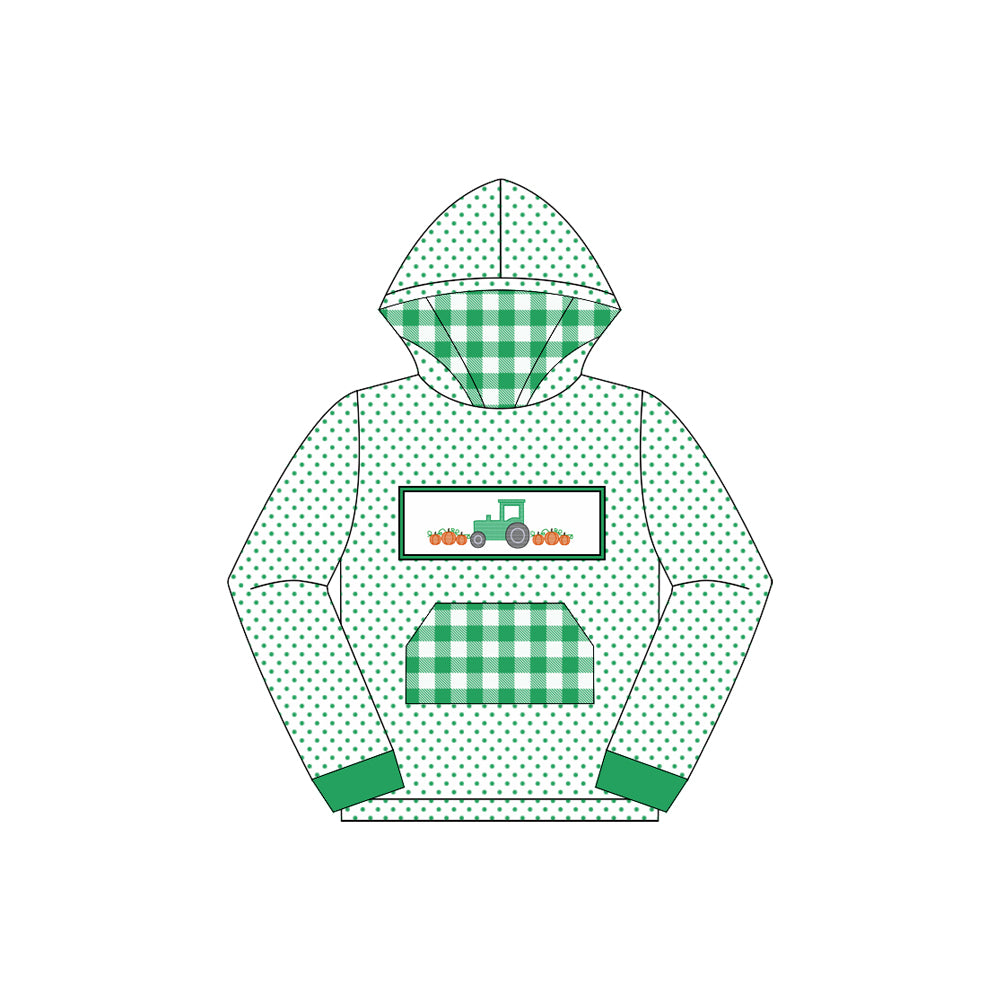preorder BT1284 Boys Boutique Pumpkin Tractor Green Plaid Pocket Polka Dot Hooded Long Sleeve Top 202507