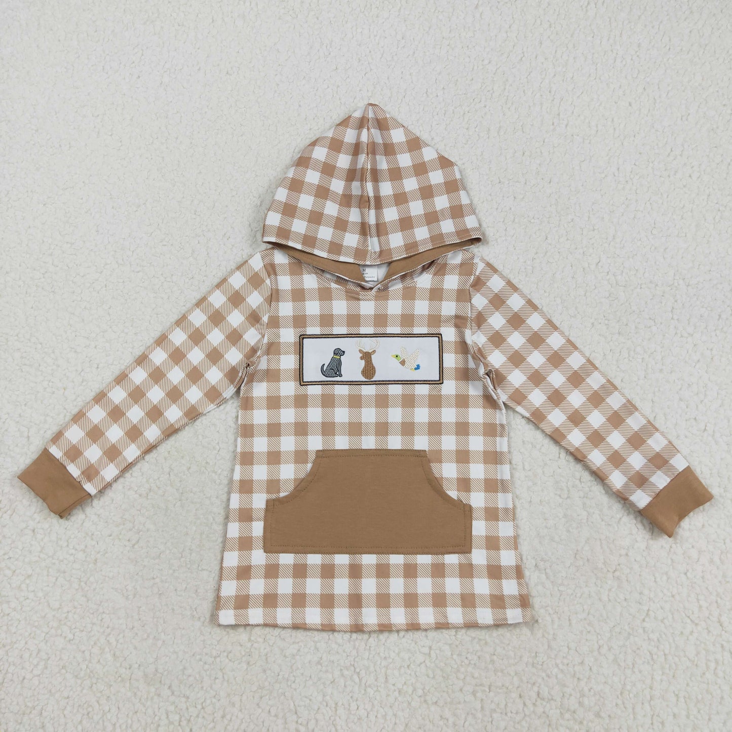 BT1285 Boys Boutique Embroidered Puppy Elk Duck Brown Plaid Pocket Polka Dot Hooded Long Sleeve Top 202508 RTS