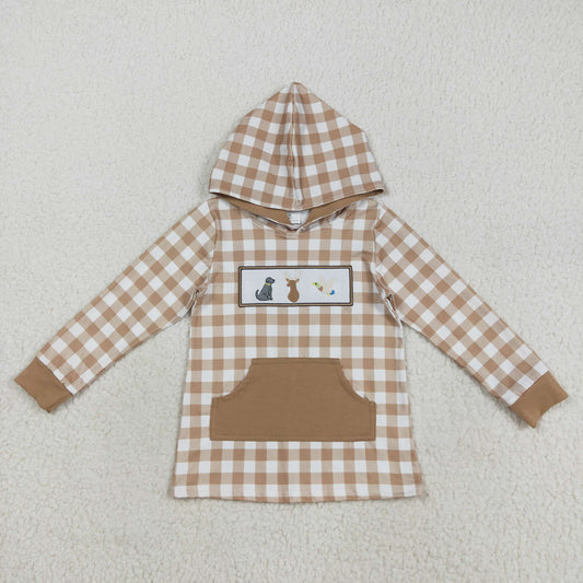 BT1285 Boys Boutique Embroidered Puppy Elk Duck Brown Plaid Pocket Polka Dot Hooded Long Sleeve Top 202508 RTS