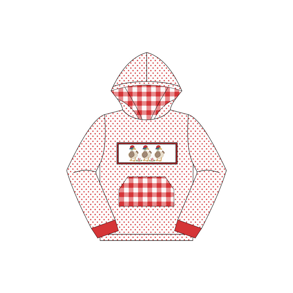 preorder BT1286 Boys Boutique Hat Duck Red Plaid Pocket Polka Dot Hooded Long Sleeve Top 202507