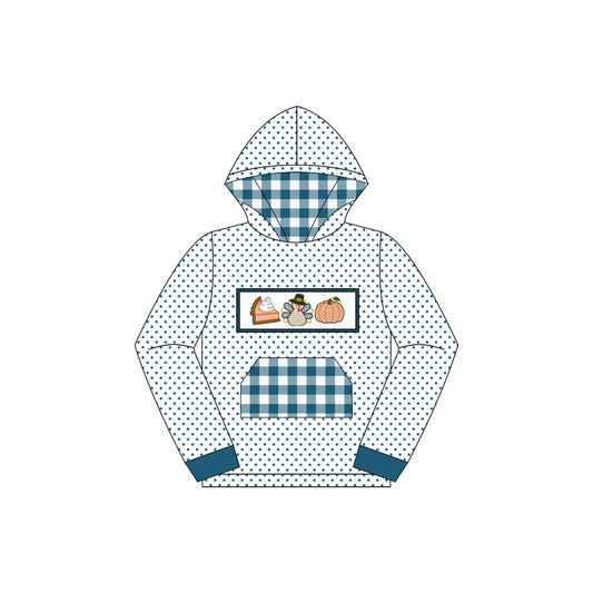 preorder BT1287 Boys Boutique Cake Turkey Pumpkin Blue Plaid Pocket Polka Dot Hooded Long Sleeve Top 202507