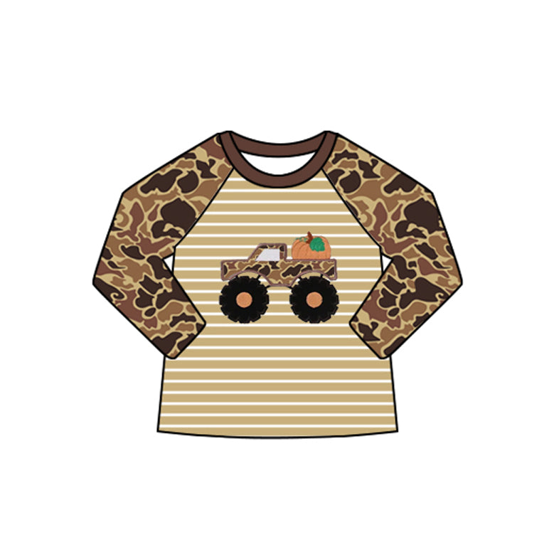 preorder BT1298 Thanksgiving Truck Pumpkin Brown Camouflage Stripe Long Sleeve Top Boys 202507