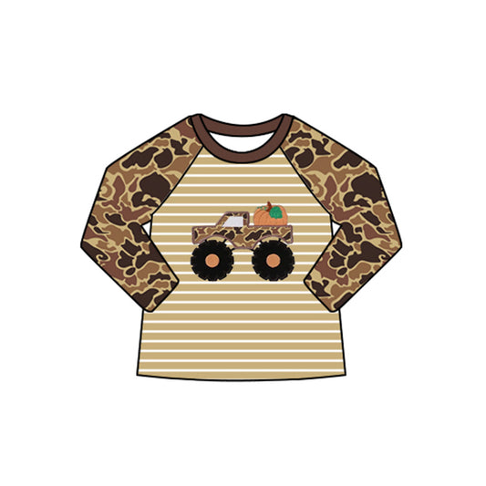 preorder BT1298 Thanksgiving Truck Pumpkin Brown Camouflage Stripe Long Sleeve Top Boys  202507