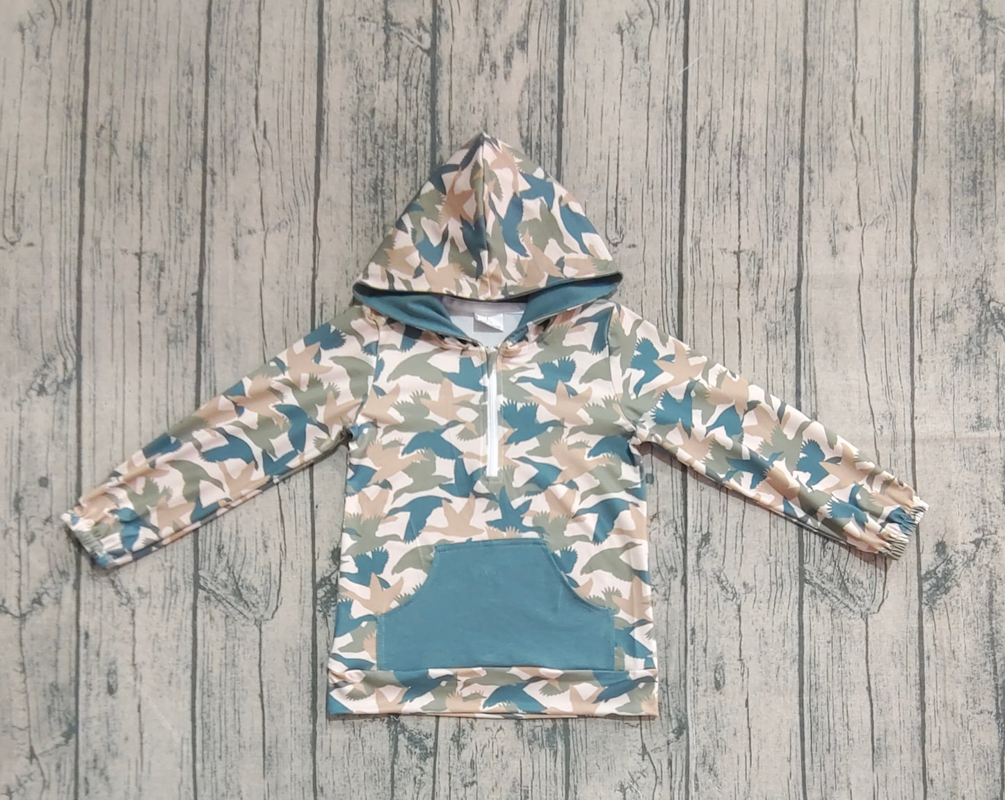 preorder BT1301 Duck Hunting Blue Green Pocket Hooded Long Sleeve Boys Top 202508