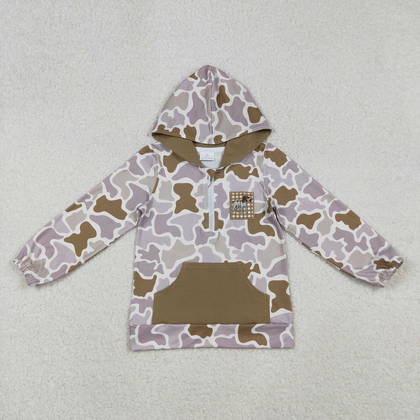 BT1302 Embroidered Duck Hunting Light Brown Hooded Long Sleeve Boys Top 202510 RTS
