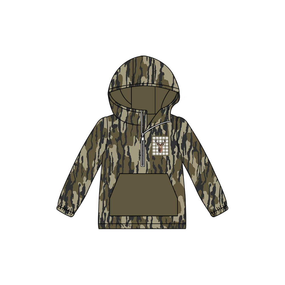 preorder BT1303 Deer Hunting Army Green Hooded Long Sleeve Boys Top 202507