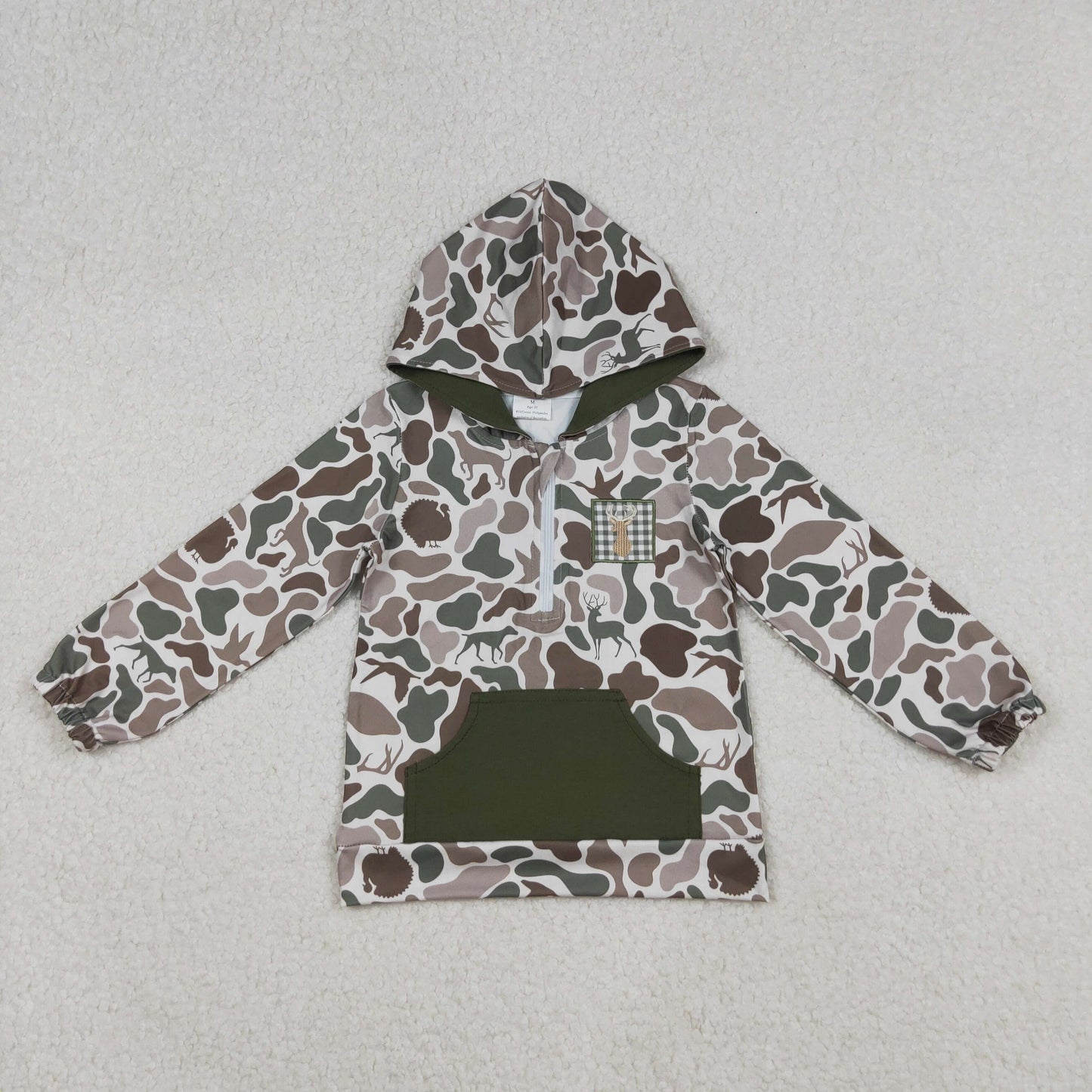 BT1304 Embroidered Puppy Duck Hunting Gray Green Hooded Long Sleeve Boys Top 202510 RTS