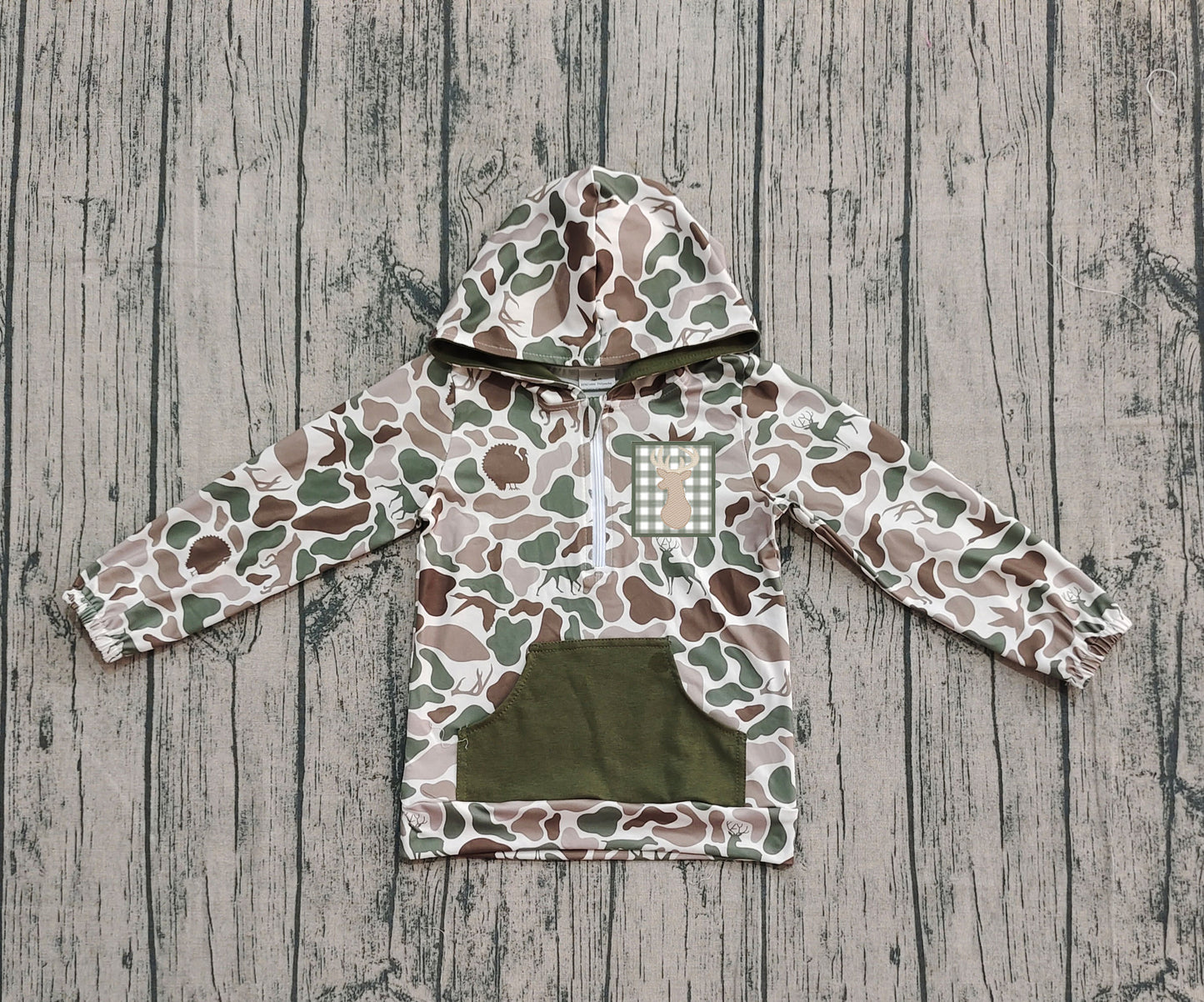 preorder BT1304 Embroidered Puppy Duck Hunting Gray Green Hooded Long Sleeve Boys Top 202508