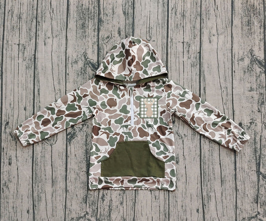 BT1304 Embroidered Puppy Duck Hunting Gray Green Hooded Long Sleeve Boys Top 202510 RTS