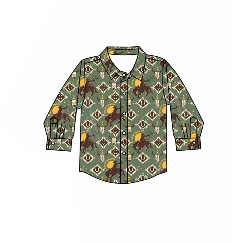 preorder BT1314 Cowboy Gray Green Button Polo Long Sleeve Boys Top 202508