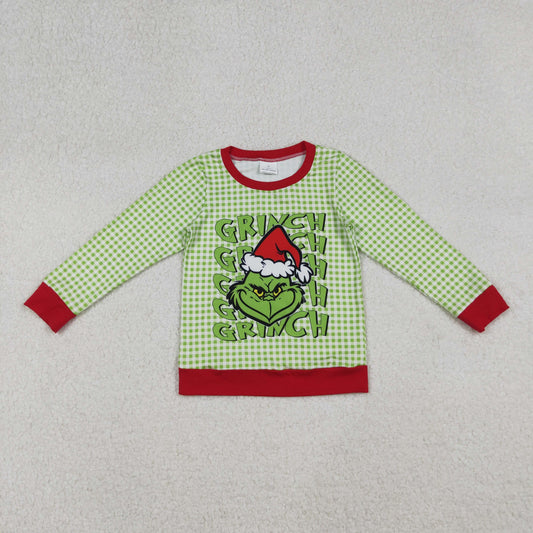 BT1321 Christmas Grinch Cowboy Green Plaid Long-Sleeved Boys Top 202509 RTS