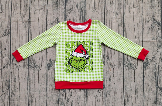 BT1321 Christmas Grinch Cowboy Green Plaid Long-Sleeved Boys Top 202509 RTS