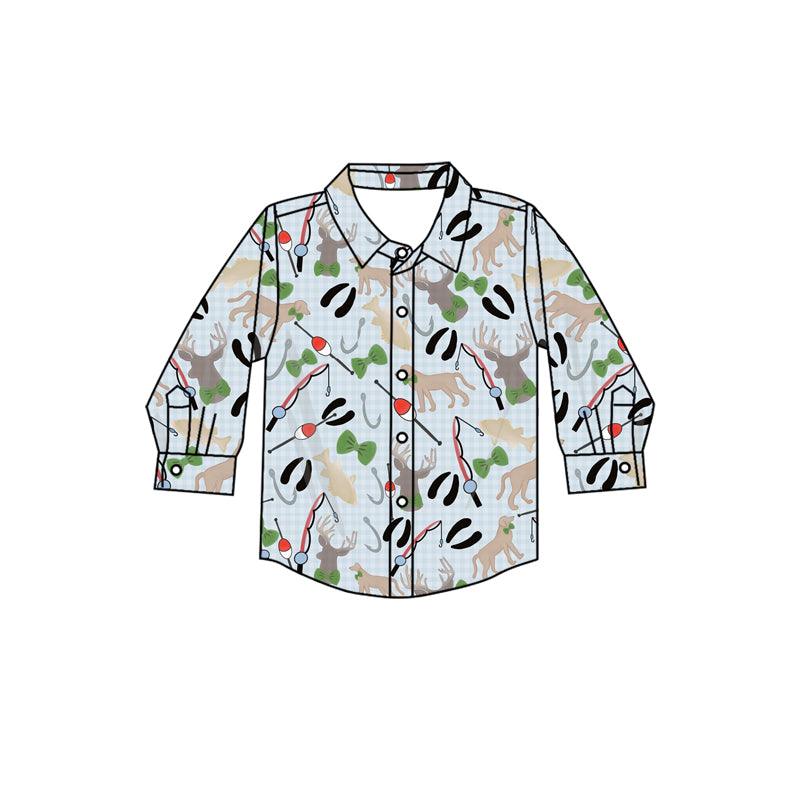 preorder BT1322 Puppy Fish Plaid Gray Blue Polo Long-Sleeved Boys Top 202508