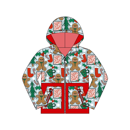 preorder BT1326 Christmas Gingerbread Man Hooded Zippy Long Sleeve Boys Top 202508