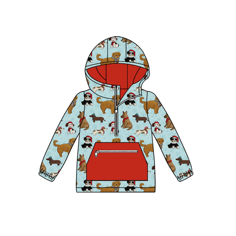 preorder BT1330 Christmas Puppy Duck Red Pocket Blue Hooded Long Sleeve Boys Top 202508