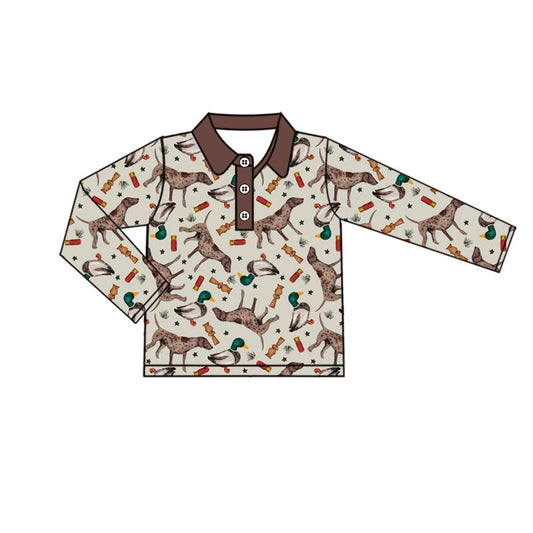 preorder BT1331 Christmas Puppy Duck Star Gray Brown Polo Long Sleeve Boys Top 202508