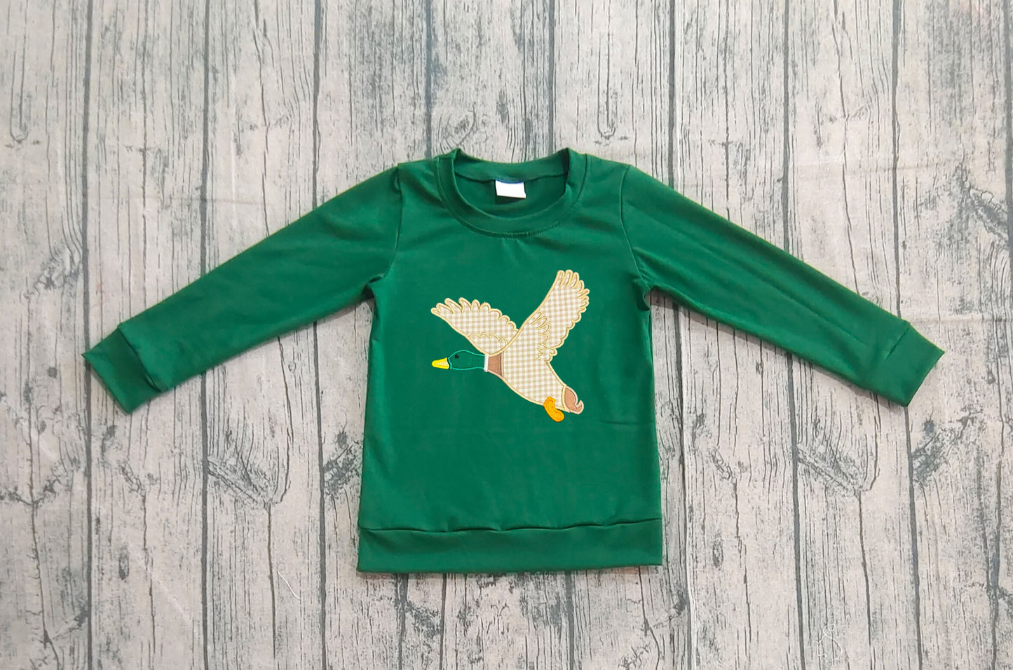 preorder BT1334 Duck Hunting Embroidered Green Long Sleeve Boys Top 202508