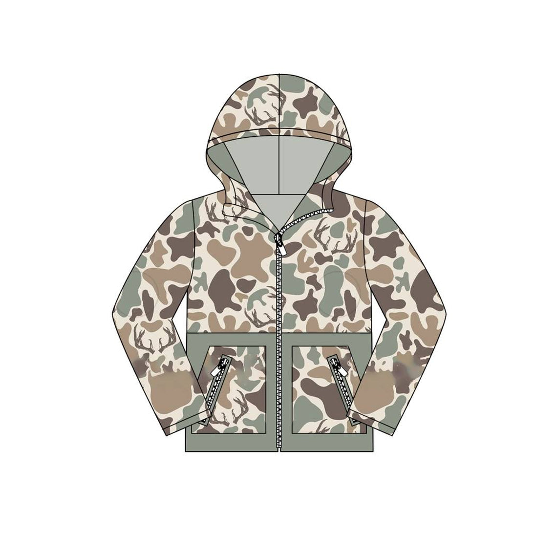 preorder BT1335 Deer Hunting Gray Green Camo Hooded Zippy Long Sleeve Boys Top 202508