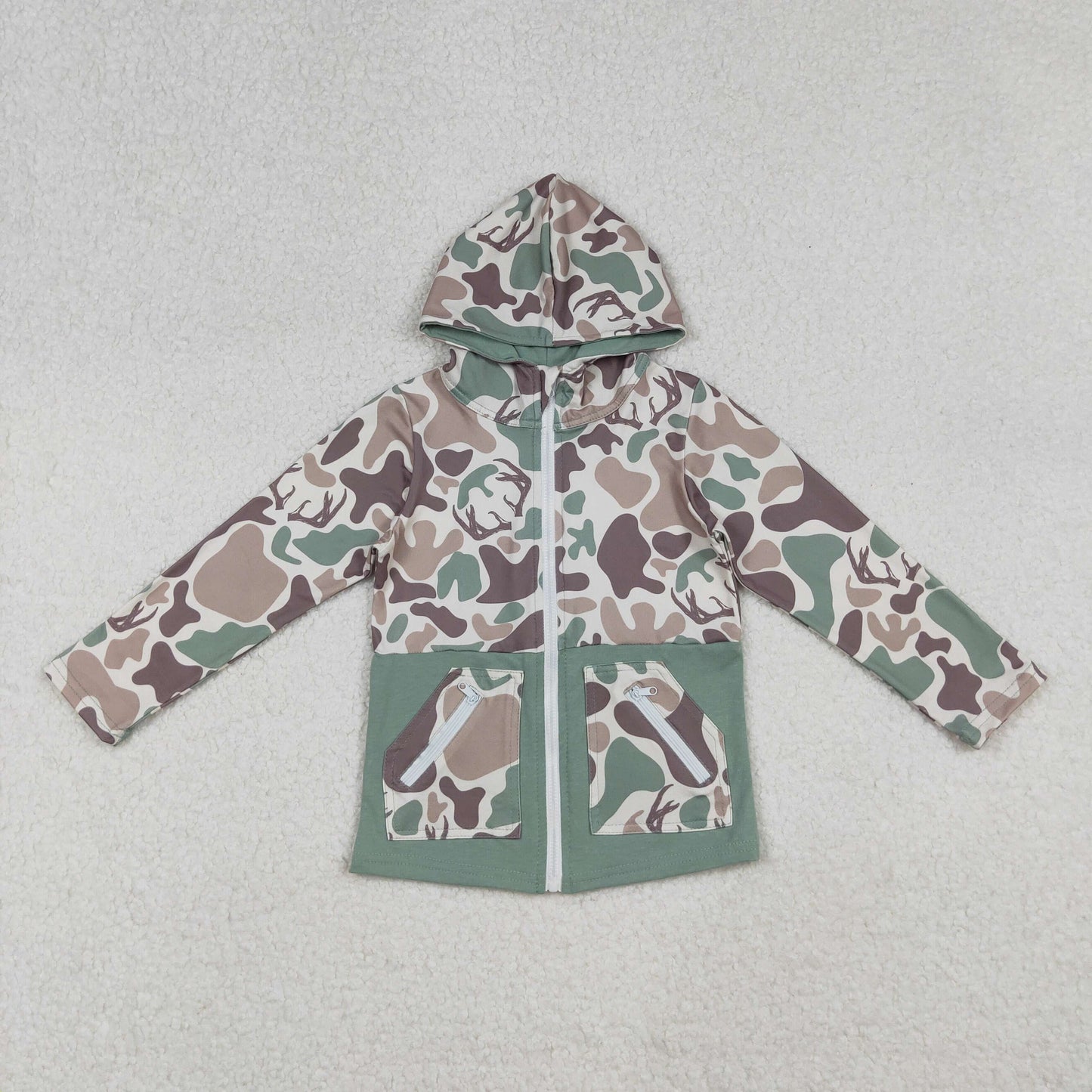 BT1335 Deer Hunting Gray Green Camo Hooded Zippy Long Sleeve Boys Top 202509 RTS