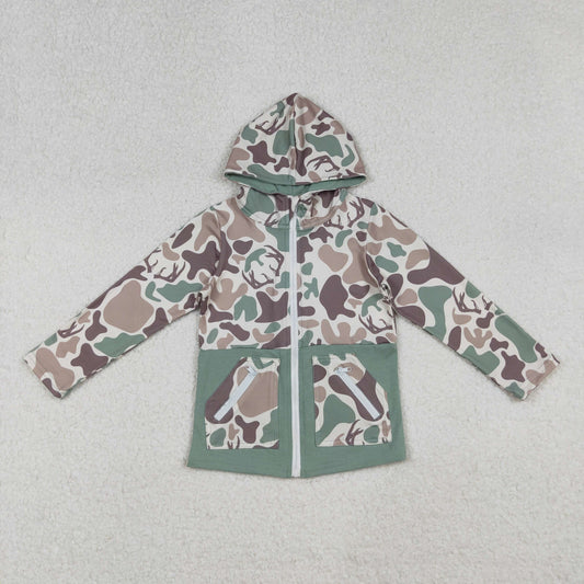 BT1335 Deer Hunting Gray Green Camo Hooded Zippy Long Sleeve Boys Top 202509 RTS
