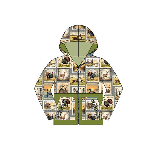 preorder BT1336 Stamp Photo Army Green Hooded Zippy Long Sleeve Boys Top 202508