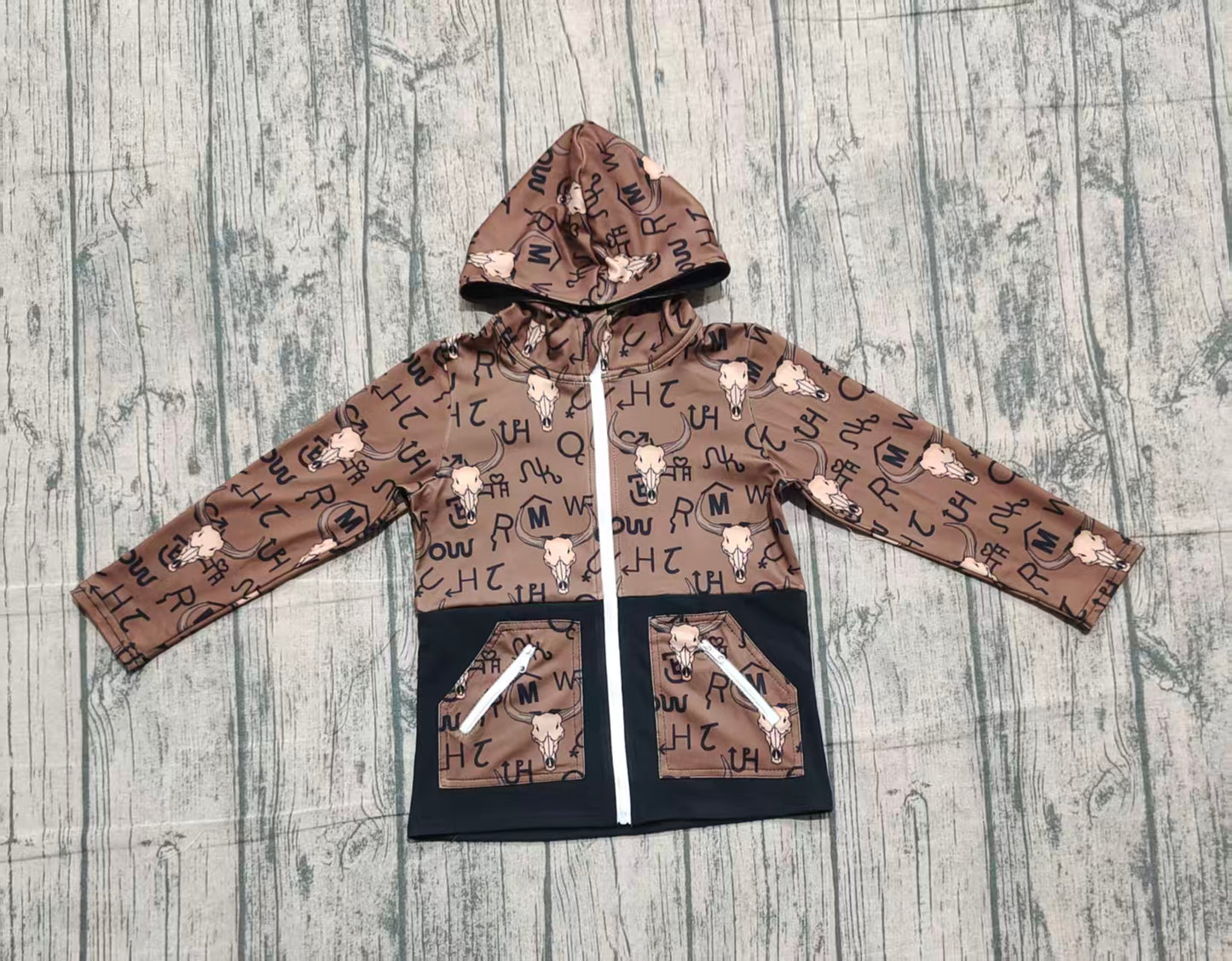 NO MOQ preorder BT1337 Cowboy Brown Hooded Zipper Long Sleeve Boys Top 202510