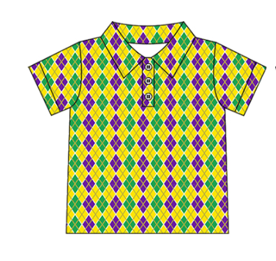 MOQ 8 preorder BT1357 Mardi Gras Yellow Green Purple Polo Short Sleeve Boys Top 202509