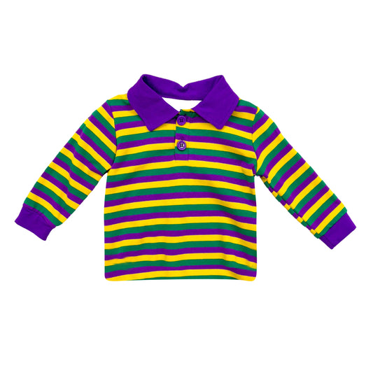 MOQ 8 preorder BT1358 Mardi Gras Yellow Green Purple Stripe Polo Long Sleeve Boys Top 202509