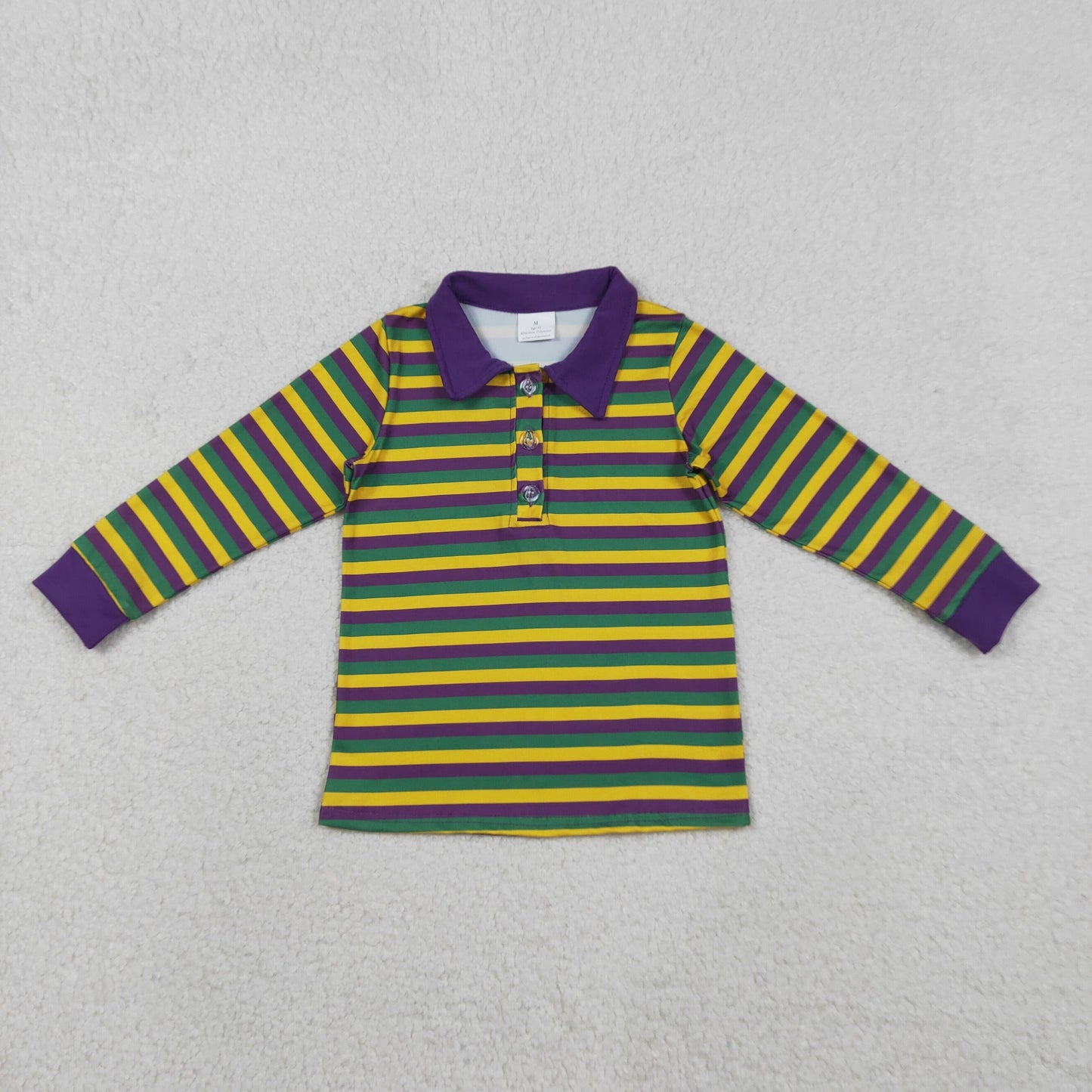 BT1358 Mardi Gras Yellow Green Purple Stripe Polo Long Sleeve Boys Top 202512 RTS