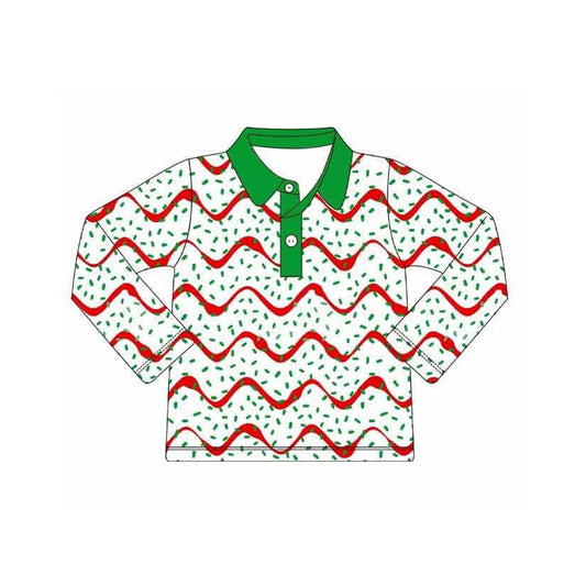 MOQ 8 preorder BT1361 Christmas Wavy Lines Polo Long Sleeve Boys Top 202509