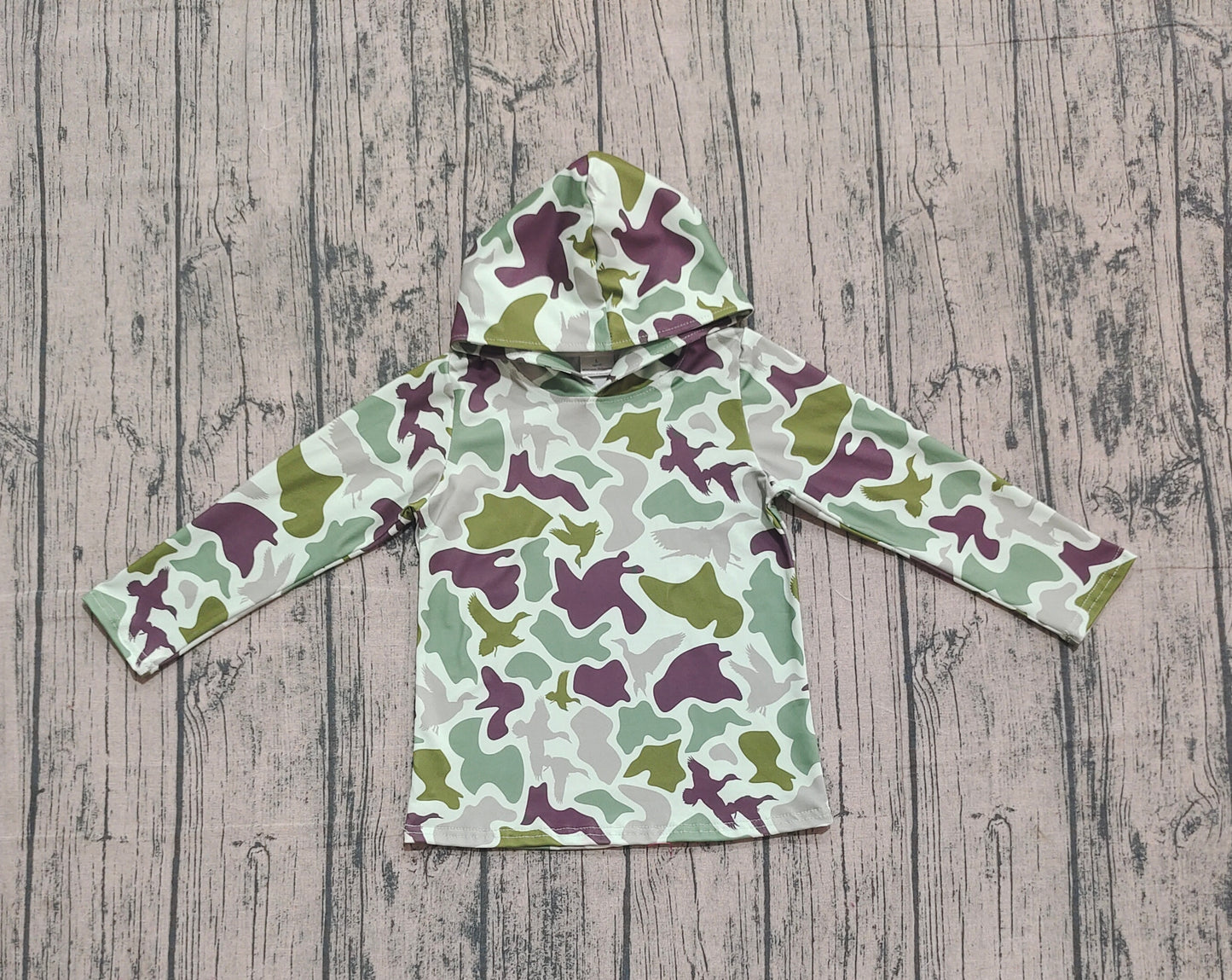 NO MOQ preorder BT1374-XS-3XL Duck Hunting Green Camouflage Hooded Long Sleeve Boys Top 202509