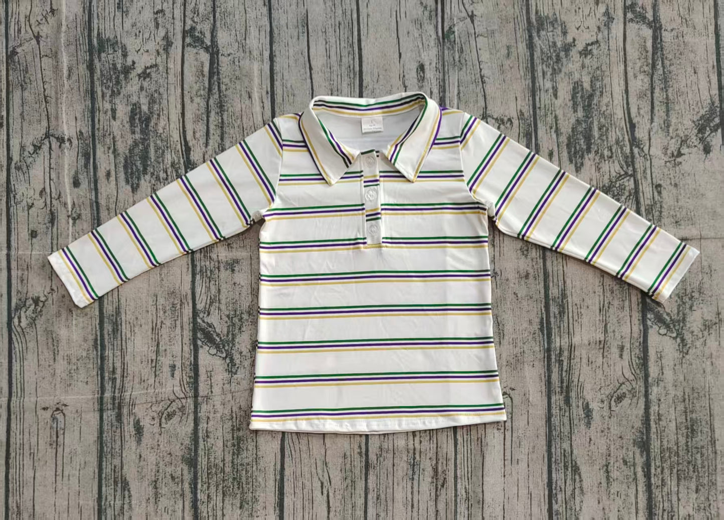 NO MOQ preorder BT1375 Mardi Gras Polo Stripe Long Sleeve Boys Top 202510