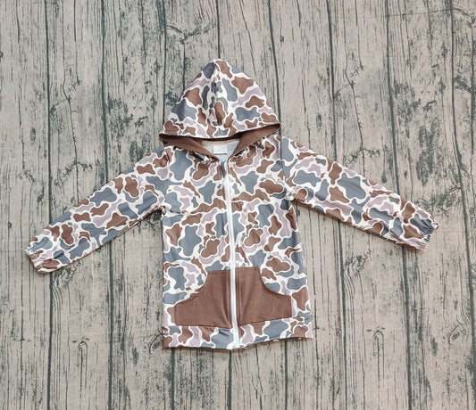 NO MOQ preorder BT1376 Brown Camouflage Pocket Zipper Hooded Long Sleeve Boys Top 202509