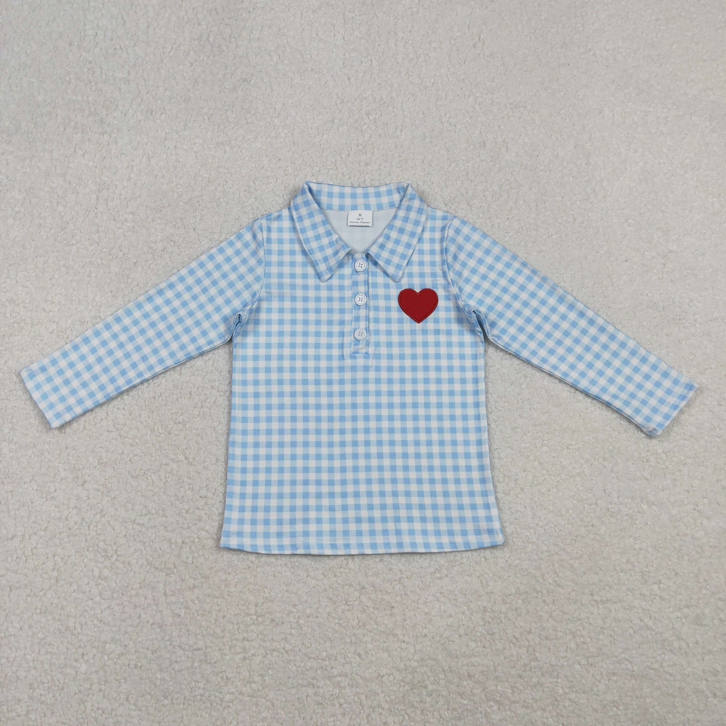 BT1386 Embroiered Valentine's Day Love Blue Plaid Polo Long Sleeve Boys Top 202510 RTS