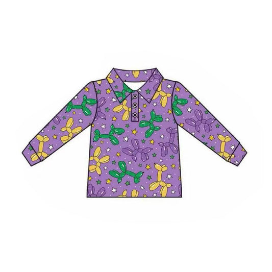 MOQ 8 preorder BT1387 Mardi Gras Purple Polo Long Sleeve Boys Top 202509