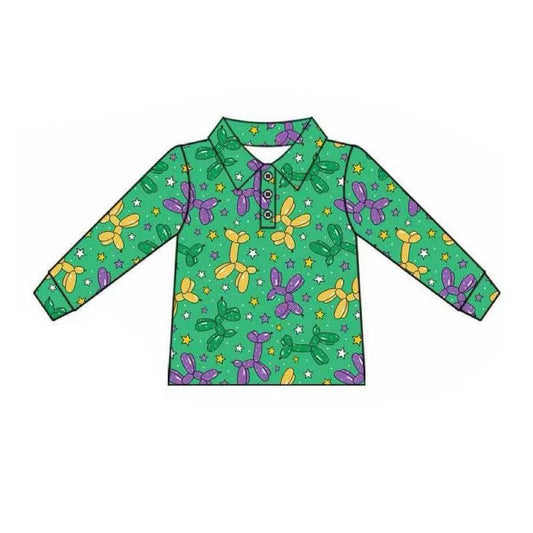 MOQ 8 preorder BT1389 Mardi Gras Green Polo Long Sleeve Boys Top 202509