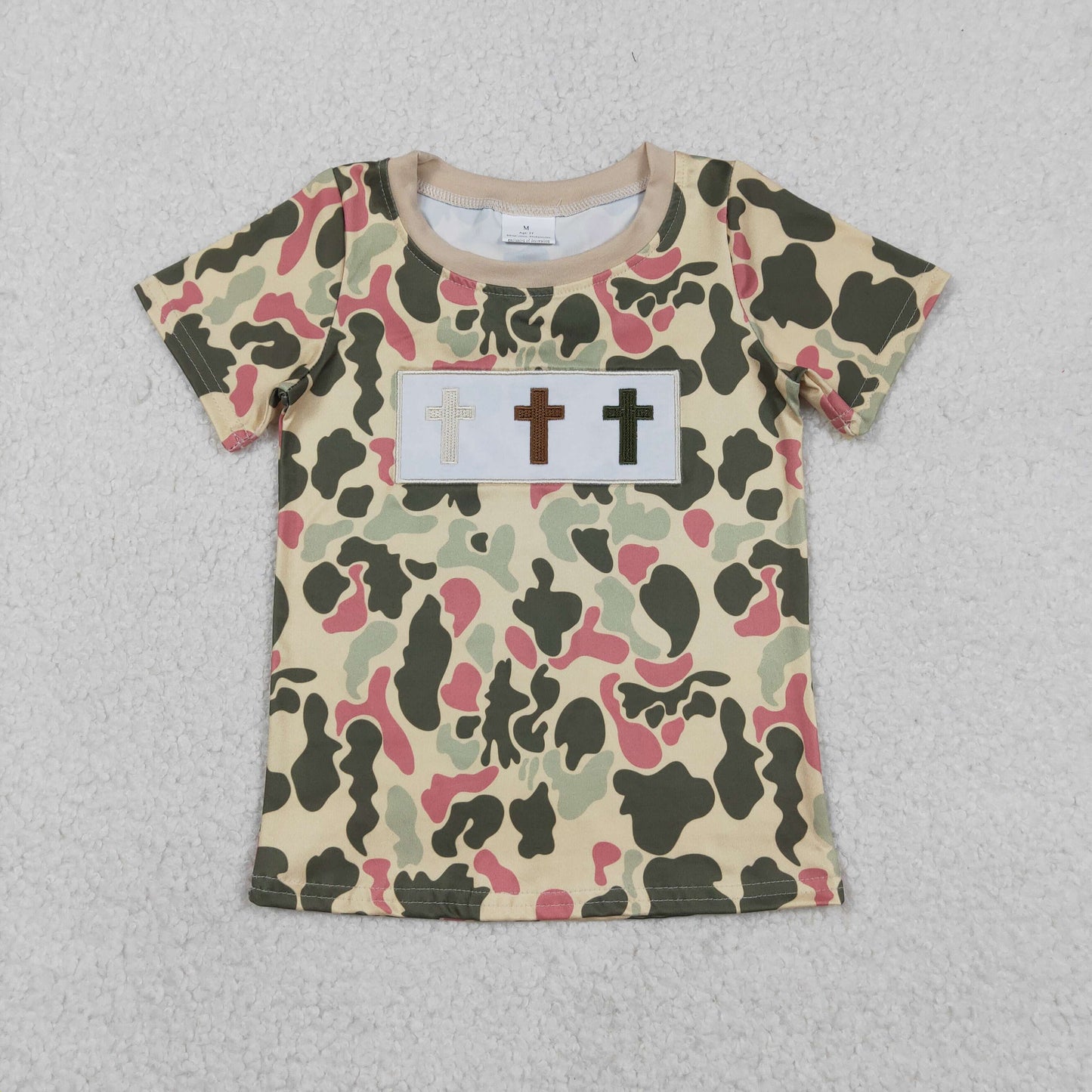 BT1395 Embroidered Easter Cross Camo Short Sleeve Boys Top 202512 RTS