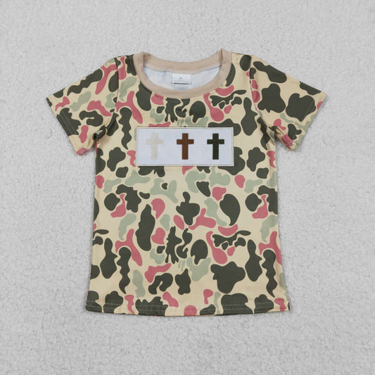 BT1395 Embroidered Easter Cross Camo Short Sleeve Boys Top 202512 RTS