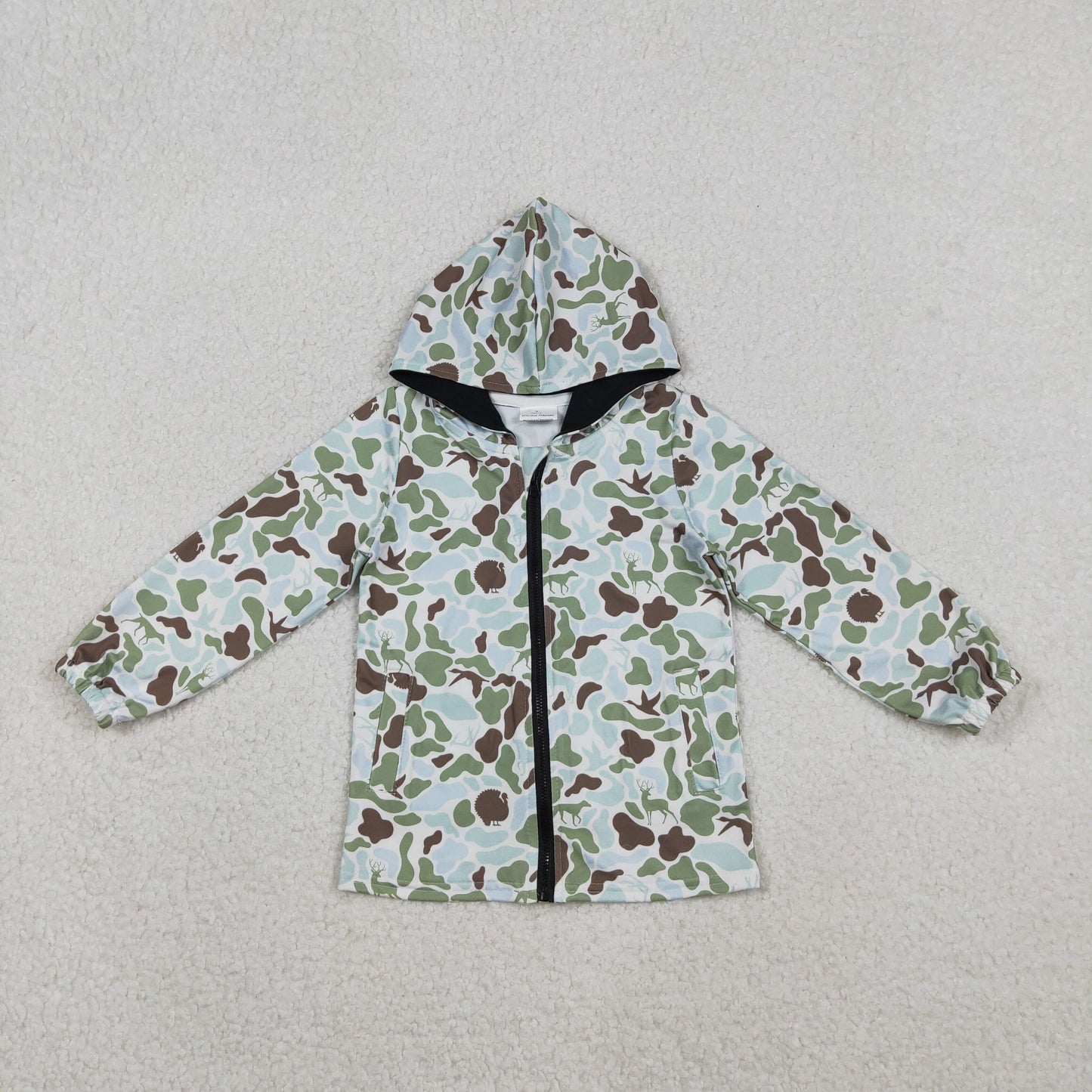 BT1399 Deer Duck Hunting Camouflage Pea Green Hooded Zipper Long Sleeve Boys Top 202511 RTS
