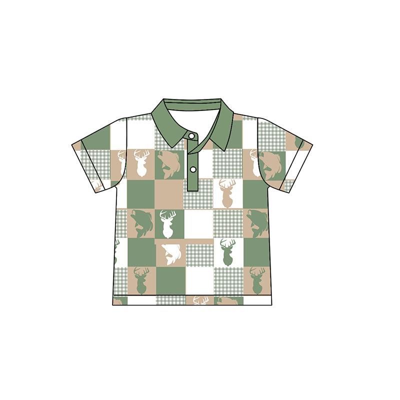 MOQ 8 preorder BT1409 Deer Fish Pattern Plaid Green Polo Short Sleeve Boys Top 202510