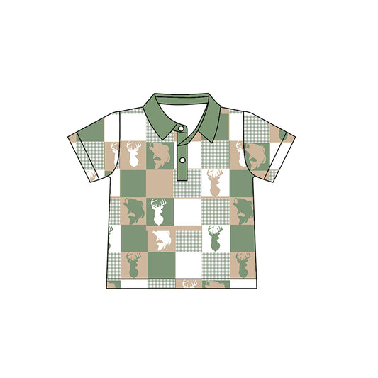 MOQ 8 preorder BT1409 Deer Fish Pattern Plaid Green Polo Short Sleeve Boys Top 202510